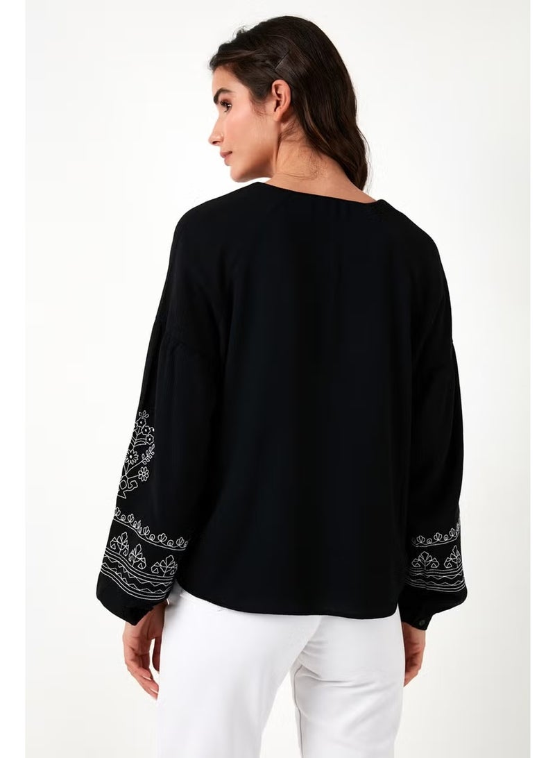 Lela Collar Tied Sleeves Embroidered V-Neck Regular Fit Blouse Women's BLOUSE 611BZ0368 - Image 5